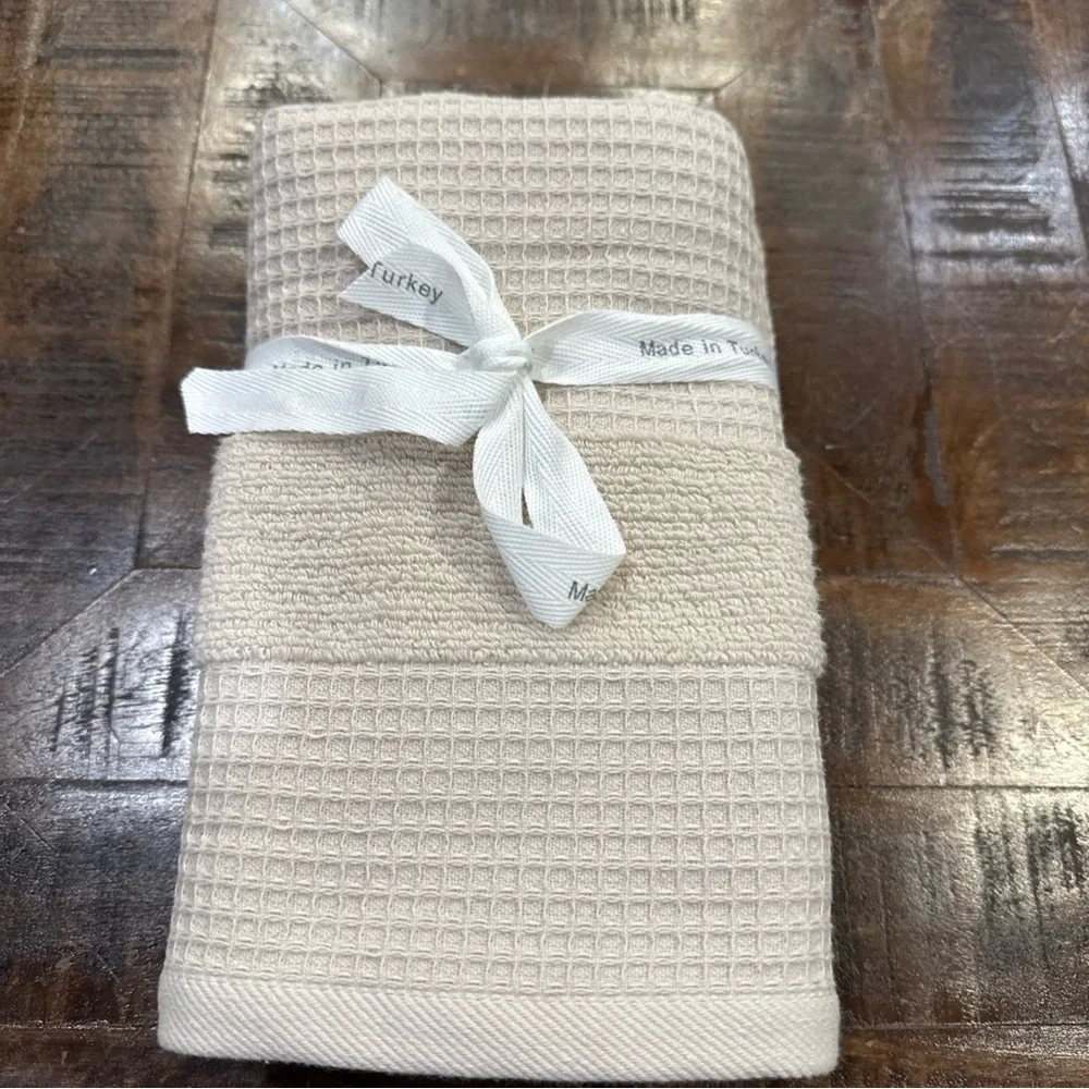 Hotel Collection 2 Pc Waffle Weave Hand Towels 16x28”Turkish Cotton Pumice Color